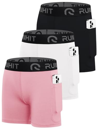 Runhit 4 Girls Volleyball Spandex Shorts Athletic Youth Biker Shorts for Dance Gymnastic Yoga Workout with Pockets Black White Pink M