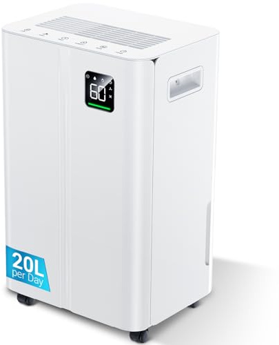 20L/day Dehumidifier with Humidity Sensor Display and 24-Hour Timer 3 Dehumidification Modes Suitable Bedrooms Office Basements Continuous Draining