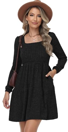 TrendiMax Women's Long Sleeve Ribbed Knit A-line Dress Square Neck Mini Casual Swing Sweater Dresses Black