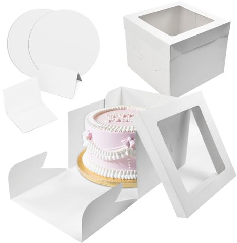 Zuxbolf 2 Pièces Boîte à Gâteaux 25.5x25.5x20.5cm avec 2 Disques et 2 Cartes de Voeux Boîte à Gâteau Carton avec Fenêtre Boite à Gateau Transport pour Cupcakes, Gâteaus (10 Inch)