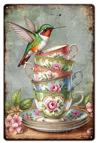 GLOBLELAND Hummingbird Stacked Teacup Metal Tin Sign Flowers Vintage Painting Tin Signs 12x8inch Retro Wall Art Plaque Poster for Home Bedroom Dorm Bathroom Decoration