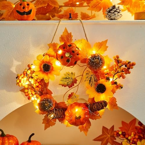 Herbstdeko Türkranz mit LED Lichterkette, 30cm Herbstkranz Haustür Kürbis Ahornblatt Deko, Leuchtende Herbst Kranz Haustür, Herbstgirlande Hängende für Erntedankfest Haustür Wand Kamin Dekoration (A)