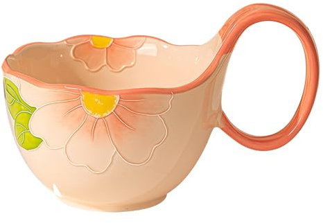 Dowbom Tazza da zuppa in ceramica con manico a forma di fiore, piccola ciotola da 500 ml, tazza da caffè e microonde (rosa)