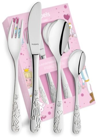 murimage® Kinderbesteck mit Gravur personalisiert, 4teilig aus Edelstahl, Geschenke für Mädchen Namen Gravur, Geburtstag, Taufe, Prinzessin-Design, Personalisierte Geschenke für Kinder, Ab 3 Jahre