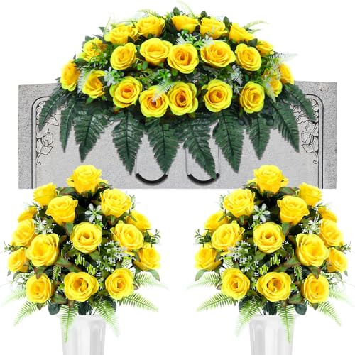 Giegxin 3 Pcs Memorial Day Headstone Flower Saddle Yellow Cemetery Flowers for Grave Rose Artificial Memorial Flowers Arrangement with Vase for Gravesite Tombstone Headstone Graveyard Outdoor Decor