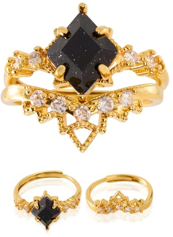 TrinhGuo 2 PCS Stackable Blue Rings for Women - Adjustable Gold Crown & Blue Stone Ring Set, Vintage Jewelry Gift for Her Wedding Engagement Anniversary Valentine’s Birthday