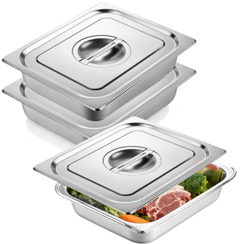 PORFOYO 3-delat Gastro-behållare med lock, 32,5x26,5x6,5 cm Rostfritt stål GN-behållare 1/2 med lock, paneringssats i rostfritt stål, paneringsskålar set för catering, kök, buffé