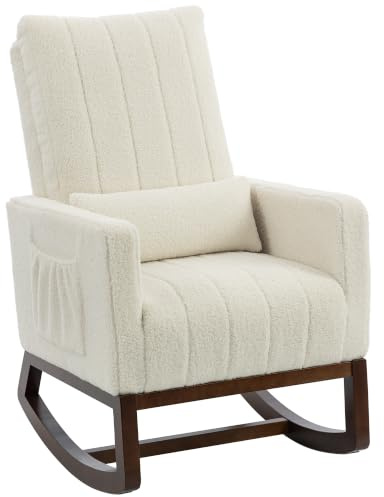 HOMCOM Fauteuil à Bascule, Rocking Chair en Flanelle Neige, Chaise à Bascule rembourrée avec Coussin Lombaire, Dossier Haut, Poches latérales et Base en Bois d'hévéa, pour Salon, Chambre, crème