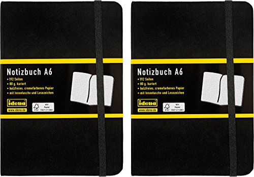 Idena Notizbuch A6, 192 Seiten mit Innentasche und Lesezeichen, 80 g/m², FSC, schwarz (2, A6 kariert)