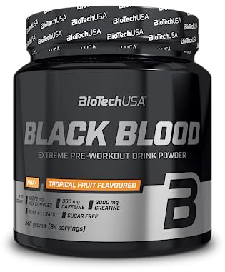 BioTechUSA Black Blood NOX+ | pre-workout med koffein & kreatin | Med citrullin, arginin & beta-alanin | NOX-komplex | L-tyrosin | sockerfri | 340 g, Exotiska Frukter