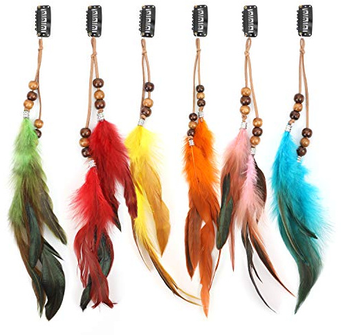 MWOOT 6 Piezas Clips de Pelo Pluma, Pluma Extensiones de Cabello, Bohemio e Indio Tocado de Plumas, Festival Cosplay de Halloween Decoracion de Cabello Accesorios - Estilo de Cuentas