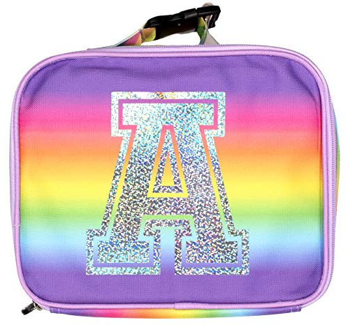 Fringoo Lonchera personalizada con purpurina, bolsa de almuerzo aislada para niños, bolsa de almuerzo arcoíris con letra brillante, cremallera de silicona resistente, tamaño 25 x 21 x 9 cm