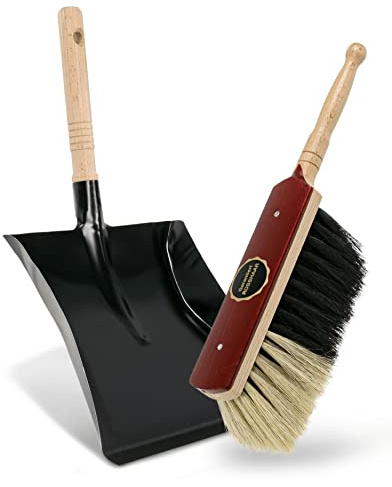 Agrarflora Premium Kehr Set - Kehrblech aus Metall und Handbesen mit Rosshaar Borsten - staubbindende Kehrgarnitur - Stubenhandfeger