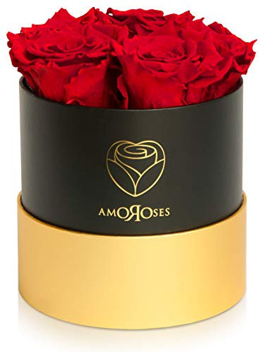 Amoroses Petite - Confezione Regalo 5 Rose Stabilizzate Eterne - Elegante Bouquet di Fiori Veri | Idea Regalo (Petite Scatola Nera con Rose Rosse)