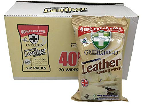 Green Shield Leather Surface Cleaning Wipes: 840 Bulk Wipes in a Retail Display Box (12x70 Packs, Unscented, Clear)