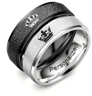 Ihanskio Bagues de Couple Couronne Givrée Personnalisées À l'intérieur du Texte Bagues de Promesse Gravées pour Lui et Ses Bandes de Paire Personnalisées pour Fiançailles (Noir+Argent-6mm)