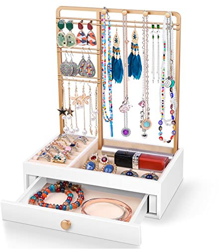 Teamkio Schmuckständer, Jewelry Organizer, Schmuckhalter 2 in 1, Ohrringständer mit Schublade, Kettenständer, Weiß Schmuckständer für Halsketten, Ringe, Armband, Ohrringe, Uhren, Geschenk für Damen