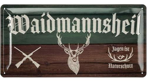 LANOLU Jäger Blechschild retro WAIDMANNSHEIL - Schild Jäger als Geschenk für Männer - Schützenfest Deko Schild für Partykeller als Bardeko - vintage Metallschild in Holz Optik, 17x34 cm