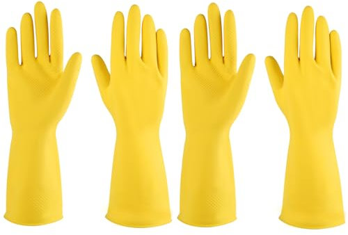 Rubber gloves 4 Pairs for Kitchen dishwashing,Cleaning gloves for household Reuseable.(Small,Yellow)