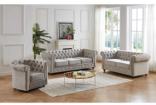 Vente-unique-Couchgarnitur 3+2+1 - Samt - Hellgrau - Chesterfield