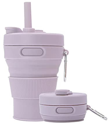 UNNESTAR Silicone Coffee Mug Collapsible Cups for Camping Folding Travel with Straw Reusable Portable Drinking Cups Outdoor Hiking 450ml (Purple-450ml, 1)
