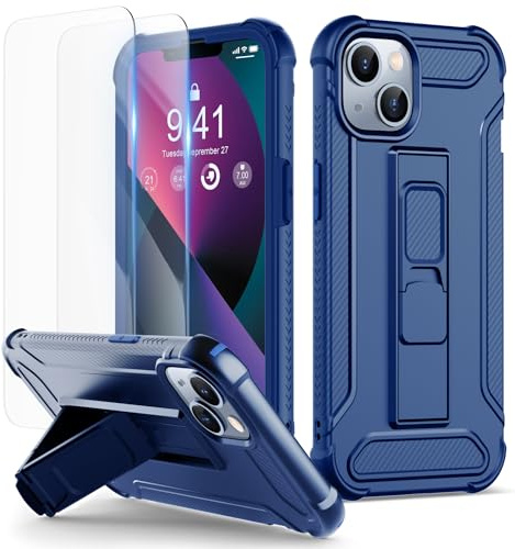 ORETECH Designed for iPhone 14/13 Case, and [2 x Tempered Glass Screen Protectors] [Built-in Kickstand] Military Grade Shockproof Phone Case Full Body Protective Cover - Blue