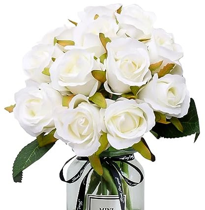 Bright Creations Artificial Roses Flowers, 12 pcs Roses Fake Flower, Realistic Flower Wedding Bouquet, Artificial Faux Floral for Arrangements Dining Table Office Wedding Party Decor (12 White Rose)