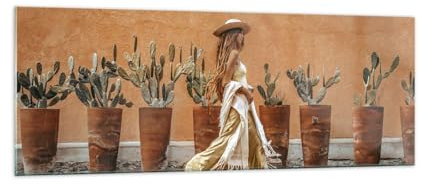 Panorama Bilder auf Glas Boho Frau Kakteen Glasbild 140x50cm Wandbilder Dekoration Wohnzimmer Schlafzimmer Küche Groß XXL Wanddeko Bild im Glas Wand Kunstdruck Art Modern Wall Decor GAB140x50-5961