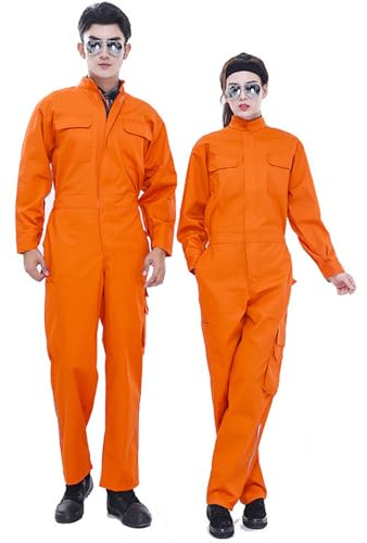 TOVCHEI Combinaisons Pour Hommes Et Femmes À Manches Longues Travail Combinaison Debout Col Workwear Avec Multi Poches,Orange,S