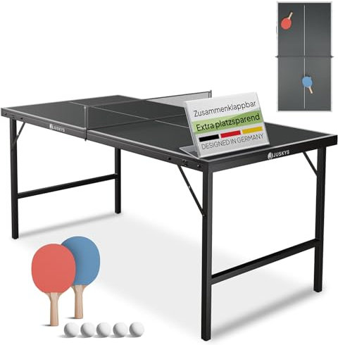 Juskys Mini Tischtennisplatte Flexi mit Zubehör - Tisch klein & klappbar - Indoor Spiel für Zuhause & unterwegs - Tischtennis Set - Tischtennistisch Schwarz