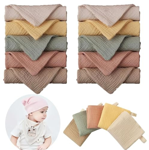 10 Stück Baby Musselin Waschlappen，Handtücher Set für Neugeborene，23x23cm Gesichtstücher und Badetuch,Mehrweg Baby Waschlappen 100% Baumwolle Zufällige Farbe