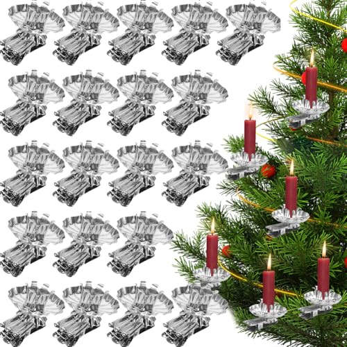 Portavelas de árbol para árbol de Navidad, 20 unidades, soporte para velas de árbol de Navidad, portavelas vintage, portavelas para Navidad, decoración, Navidad, Adviento (plateado)