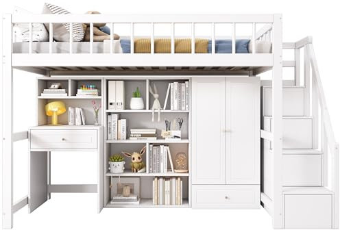 xixiworkshop Kinderbett 90x200cm, Treppe Links und Rechts Installbar, Hochbett mit Tisch/Schrank/Treppen/Regal, Bett mit Stauraum für Kinder Jungen/Mädchen, Rausfallschutz, Ohne Matratze