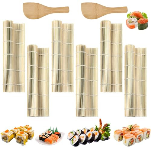 GTNCE 6 Piezas Esterilla para Sushi 24x24 cm, Alfombrilla de Bambú Natural con Cuchara de Arroz, Reutilizable y Lavable, Kit Sushi Casero para Principiantes y Profesionales, para Cocina, Restaurante
