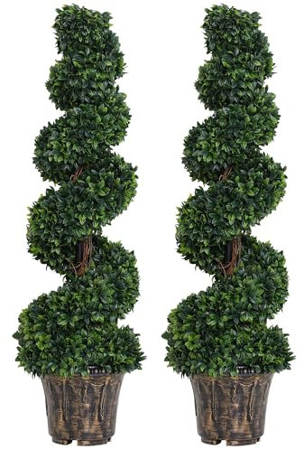 Outsunny Set di 2 Piante Artificiali di Bosso a Spirale con Vaso Ø28x15 cm, Piante Finte Decorative per Interni ed Esterni in PE, Ø32x120 cm, Verde