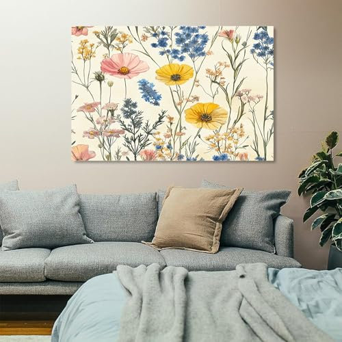 Bunt Wandbilder Dekoration Wohnzimmer Aquarell Wildblumen Blumenstrauß Bilder auf Leinwand 50x100cm Leinwandbild Schlafzimmer Küche Deko Wand Kunstdruck Art Groß XXL Wanddeko Bild Wall Decor Canvas