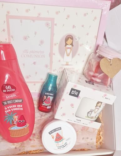 Set de Regalo Primera Comunión, Gel de Ducha Sandía, Crema corporal y Colonia de fresa y nata,Taza Decorativa, Portaretrato y Tarro de chuches.