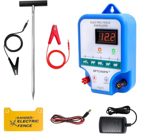 Sptchapn Electric Fence Energiser Kit - Includes 12V AC 2 Joules Output Fence Energiser, Connectors & Earth Stake - 10Km Range, LED Display, Weatherproof, Fencing Energizer for Horses, Pet and Animals