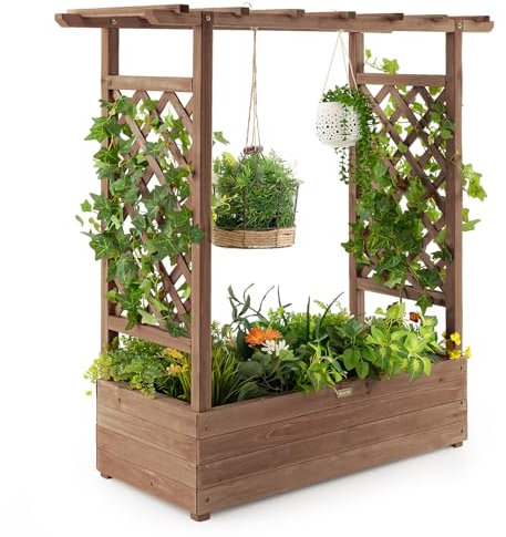 COSTWAY Garden Planter with Trellis, Hanging Roof and Drainage Holes, Weather-Resistant Wooden Raised Bed for Vine Climbing Plants, Outdoor Trough Container Grow Box Flower Pot (Brown, 110x44x113cm)