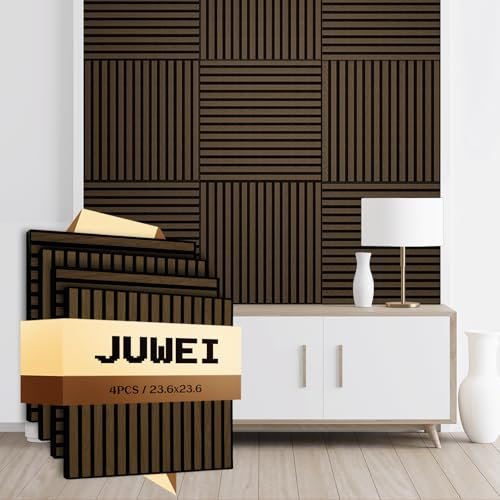 JUWEI DIRECT Wood Slat Acoustic Panels (4 Pack/23.6x23.6/Covers 15.5 Sq. Ft.) – 3D Textured Wall Panels for Noise Reduction & Modern Decor, Soundproof Panels for Living Room & Bedroom(5# Smoked Oak)