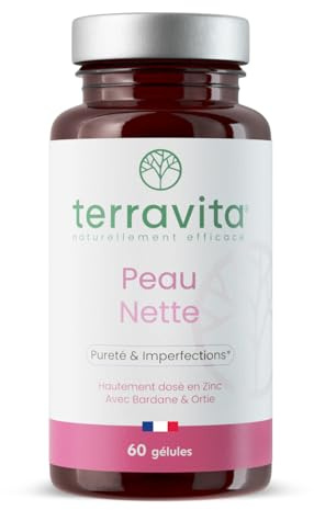 PEAU NETTE | Action Détox Anti Acné & Points Noirs | Zinc Bisglycinate 15mg + Bardane + Biotine + Propolis | Régule la Production de Sébum | Anti-imperfections | 60 Gélules Made in France | Terravita