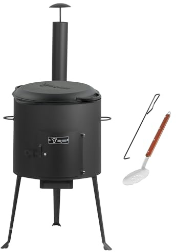 BBQ-Toro Kazan gjutjärn tillval med Kazan-ugn | XXL gjutjärnspanna med lock, gjutjärnspanna | gulashpanna med skumslev och spiskrok (12,1 liter med Ø 34 cm utschak)