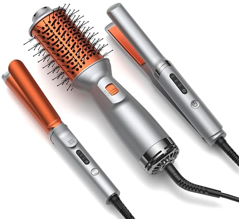 3 in 1 Haarstyling Set, Warmluftbürste Glätteisen, Orange-Silber