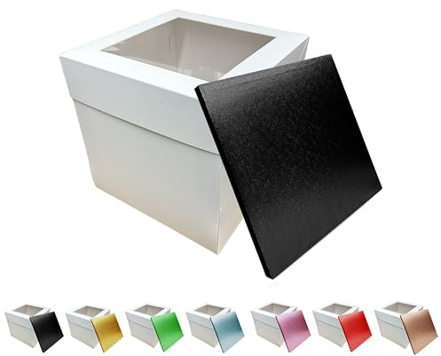 LARRYROO Tall White Cake Box Extra Deep with Clear Display Window & Vibrant, Colourful Square Cake Drum Board Combo (Black, 12 Inch)