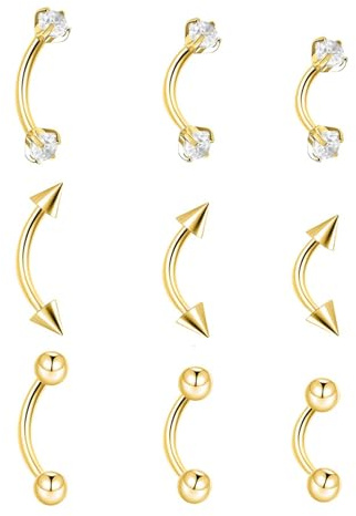 9 st ögonbrynspiercing böjd barbell bananer, ögonbrynspiercing läpp Daith Rook piercing guld silver zirkonia kirurgiskt stål allergivänliga ögonbrynspiercing för kvinnor och män, 16 g, 6 mm, 8 mm, 10