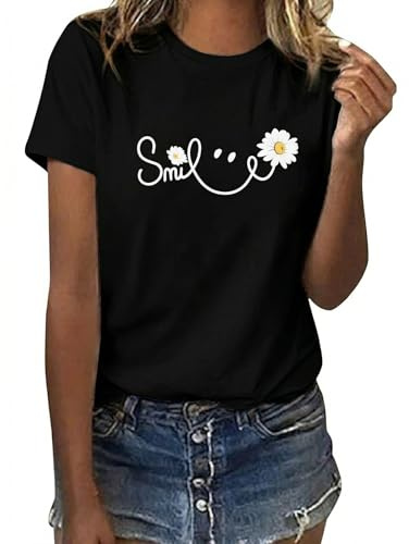CMTOP T Shirt Damen Kurzarm Rundhals Oberteil Sommer Sonnenblumen Bedrucken Tshirt Baumwolle Casual Lockere Shirts Tops Basic Tee Shirts Elegant Tunika Bluse (Schwarz-DBK, XXL)