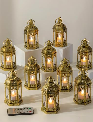 Lanterna a candela con telecomando e timer: 10 mini lanterne LED dorate, stile marocchino, funzionamento a batteria, per matrimoni, Natale, Ramadan, Halloween, decorazione da tavolo