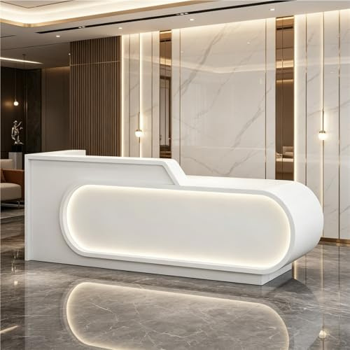 UKETO Empfangstheke L Form Groß Hochglanz Rezeptionstresen Kassentheke Mit Stauraum Bürotresen Für Büro Hotel Salon Ladentheke Modern(White Left,180cm/70.87)