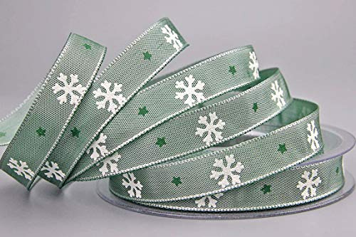 finemark Dekoband (0,80€/m) Let It Snow in GRÜN 20 m x 15 mm Rolle Geschenkband Weihnachten Schleifenband mit Draht 1,5 cm Schneeflocken