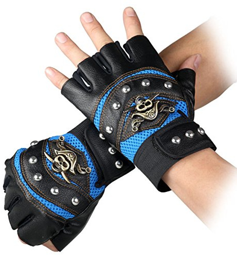 Coolwife Steampunk Gothic Handschuhe Herren Geuuine Leder Captain Fingerless Fäustlinge (B Blau)